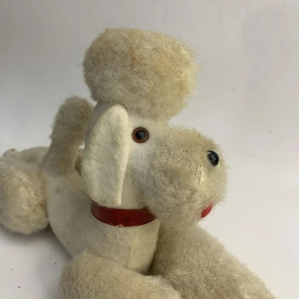 Vintage White Jointed Poodle Dog Plush Red Collar Animal Made in Japan 1966
